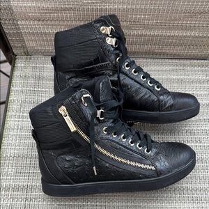 Just Cavalli Black Leather High Top Sneakers Gold Zippers Accents-7-WOW!